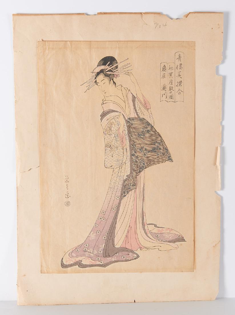 Attrib. to Hosoda Eishi, woodblock: Attrib. to Hosoda Eishi, woodblock, Attrib. to Hosoda Eishi (Japanese, 1756-1829), Courtesan Takigawa, woodblock, signed in Japanese in plate, sealed left, titled in Japanese in plate upper right, 15"