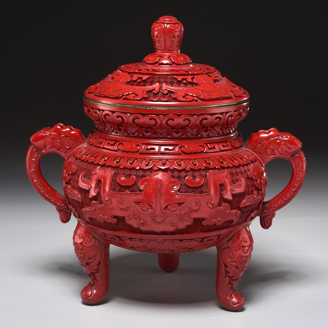 Chinese archaistic style cinnabar lidded censer (1 of 6)