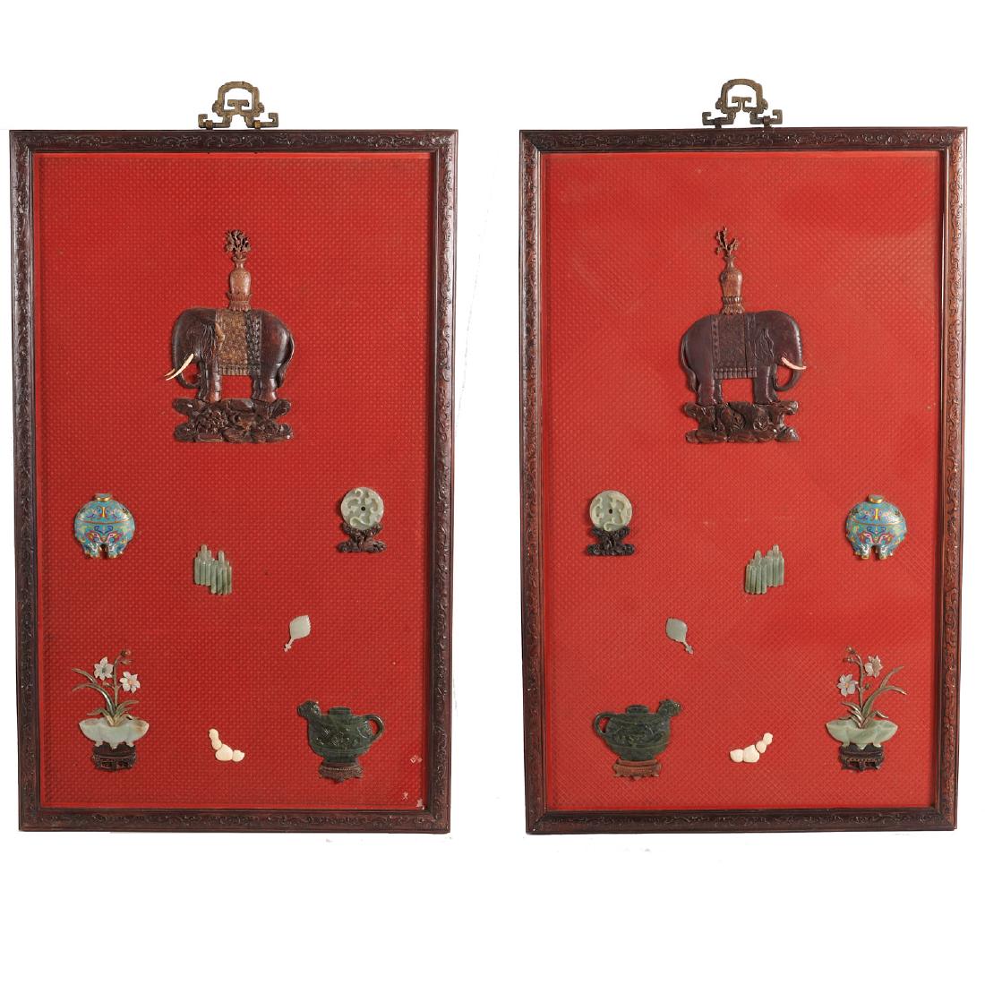 Pair Chinese inlaid cinnabar lacquer panels (1 of 9)