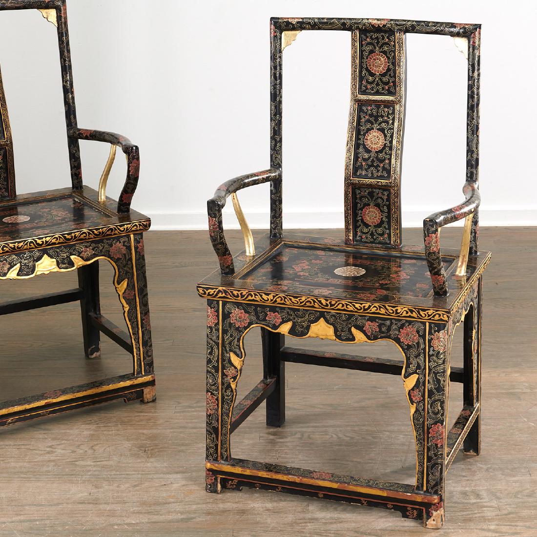 Pair Chinese gilt black lacquer yokeback armchairs (1 of 9)