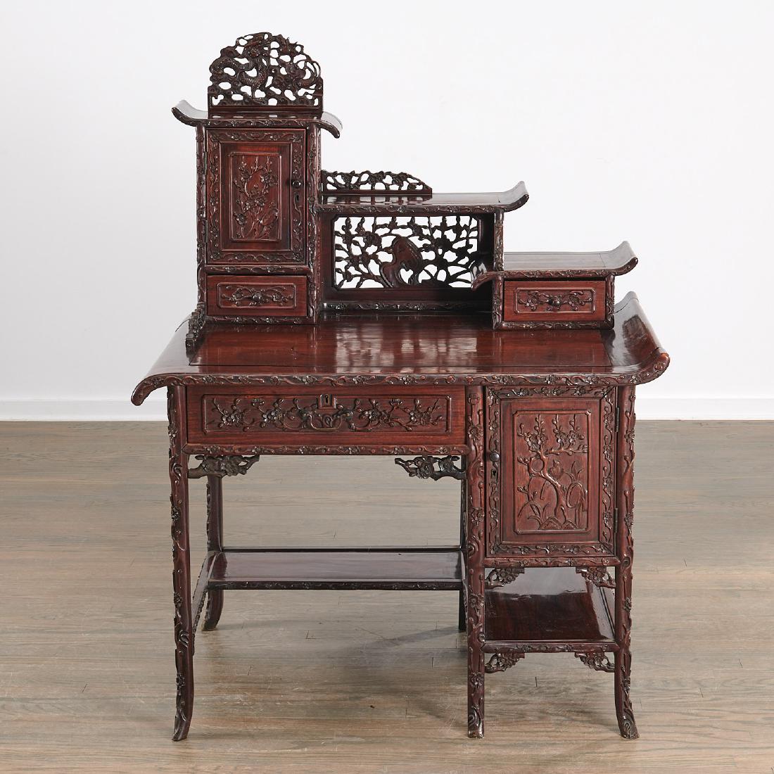 Fine Chinese Export carved hardwood two-part desk (1 of 10)
