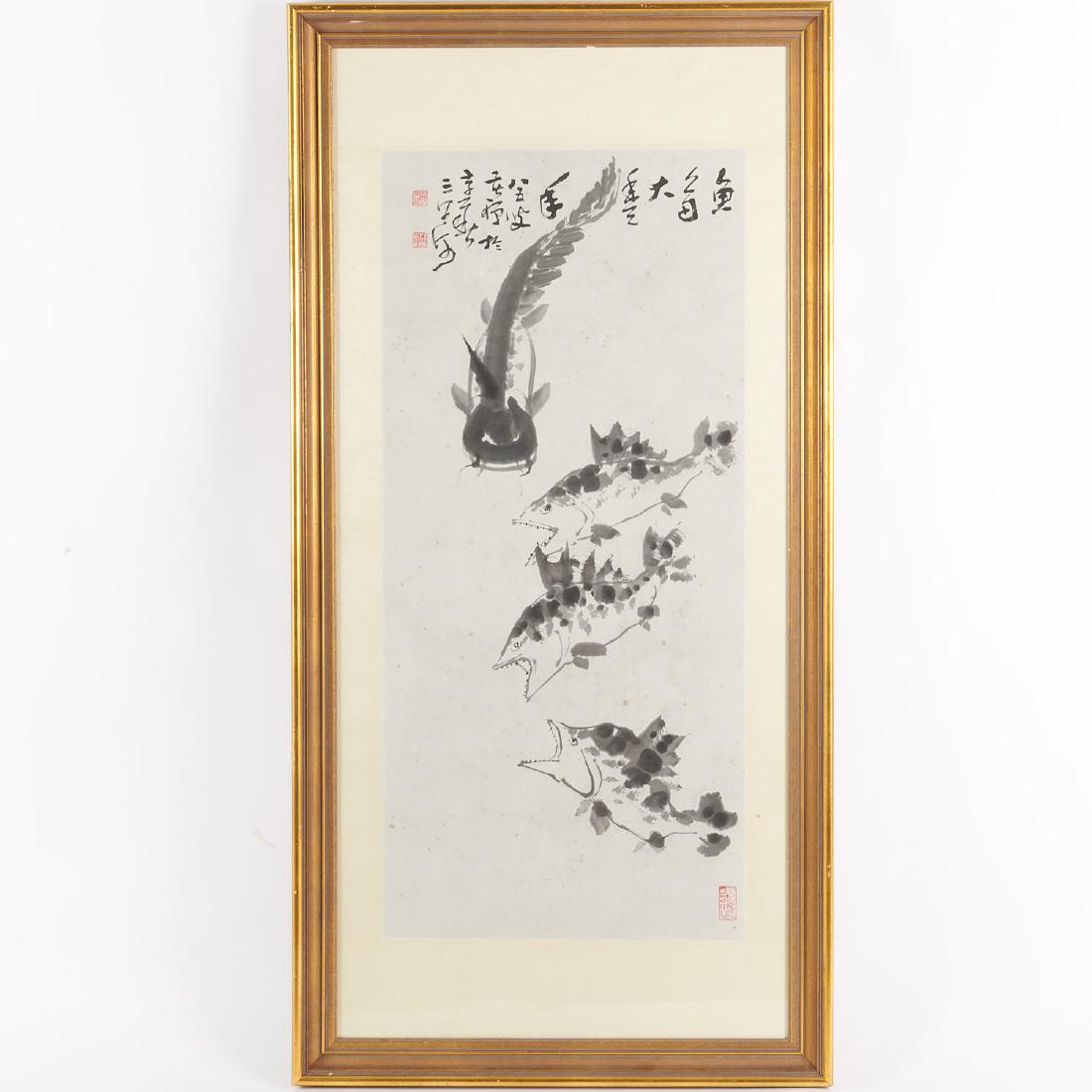 Chinese watercolor painting of fish: Chinese watercolor painting of fish, Republic Era or earlier (20th c.), brushed ink on paper laid to paper, red artist marks and calligraphy inscription, framed under glass, 37"h x 17"w (sheet), 52"h 