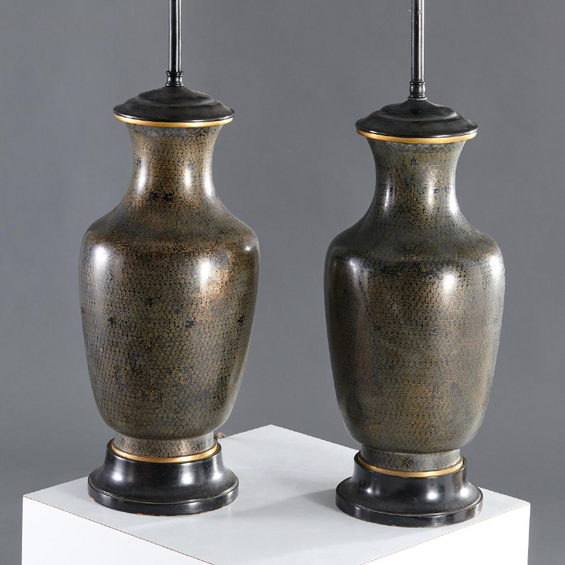 Pair Japanese black cloisonne vase lamps (1 of 7)