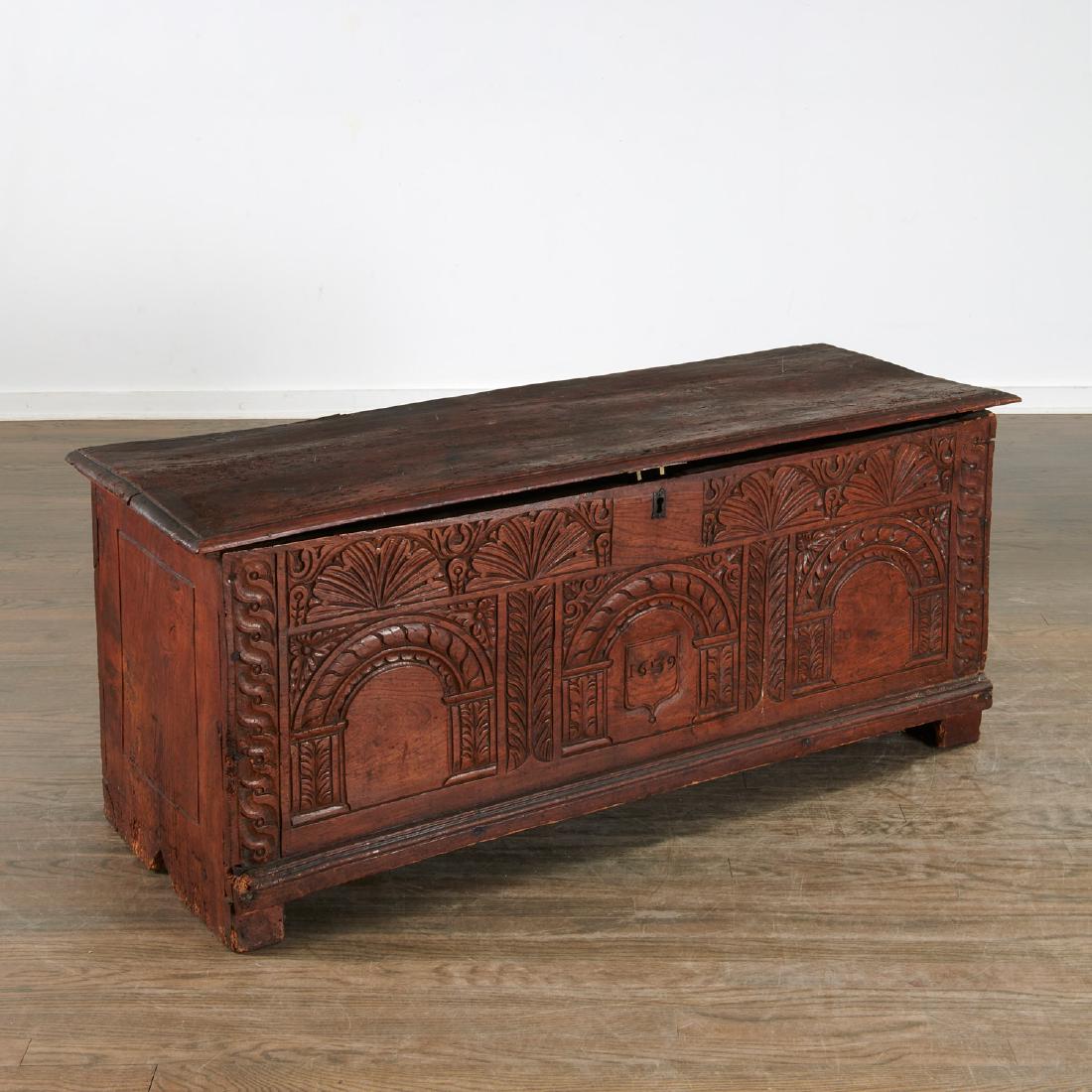 Charles I style carved dated coffer (1 of 7)