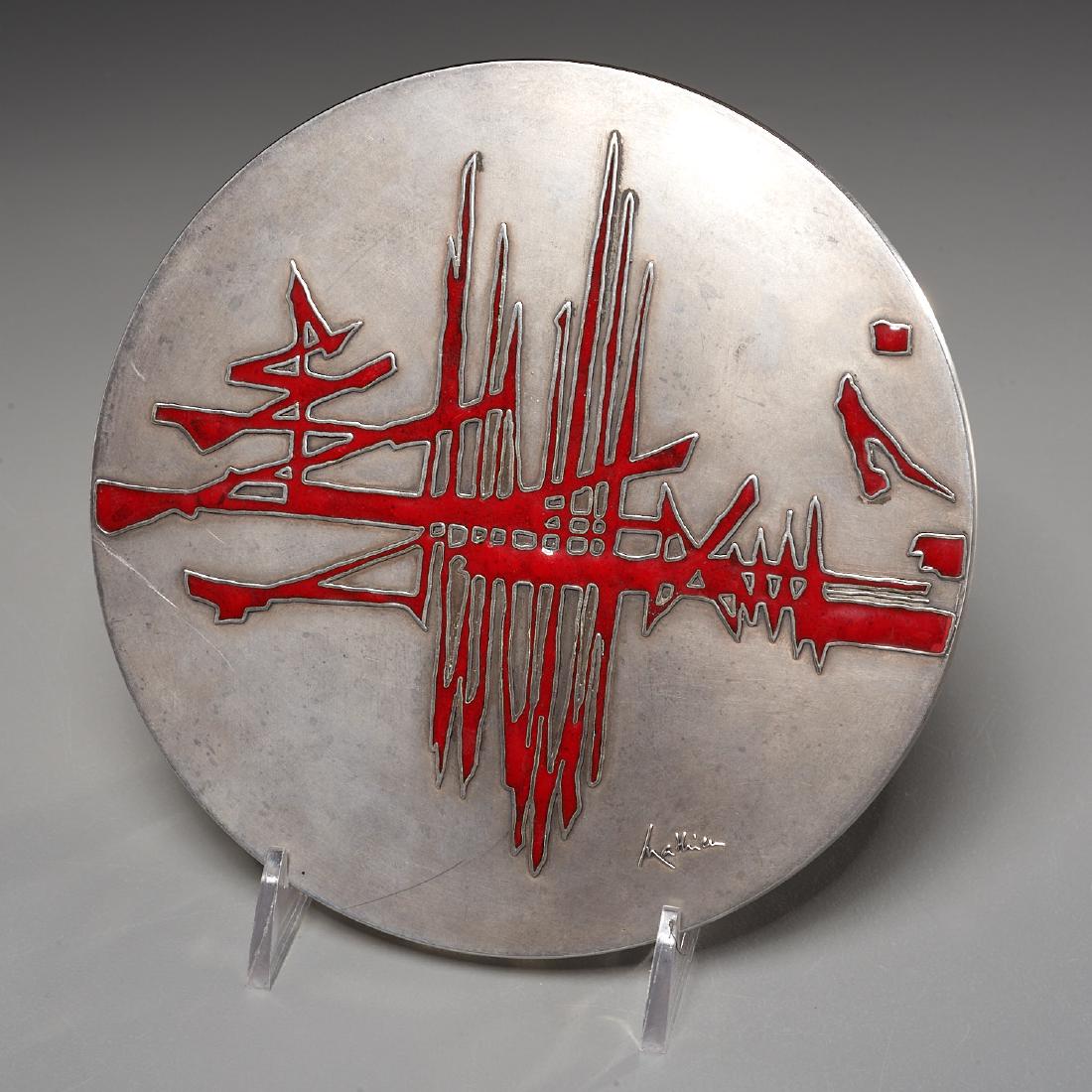 Georges Mathieu, silvered medallion: Georges Mathieu, silvered medallion, Georges Mathieu (French, 1921-2012), "1125 - Morienval: La Naissance Du Gothique", 1973, enamel on silver metal, signed recto, dated and numbered XXXVIII/LXXX on e