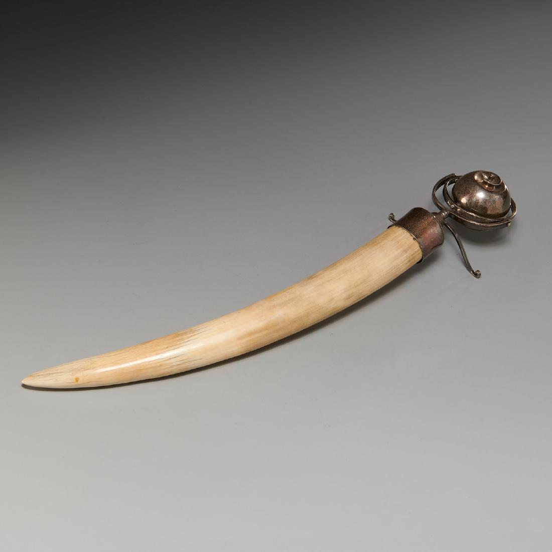 Victorian silver gimbaled oil lamp: Victorian silver gimbaled oil lamp, c. 1895, England, maker's marks probably those of Fanny Benjamin, tusk with sterling fitting, 19"l x 5"w Provenance: From the Estate of Jacob and Marian Javits, NYC