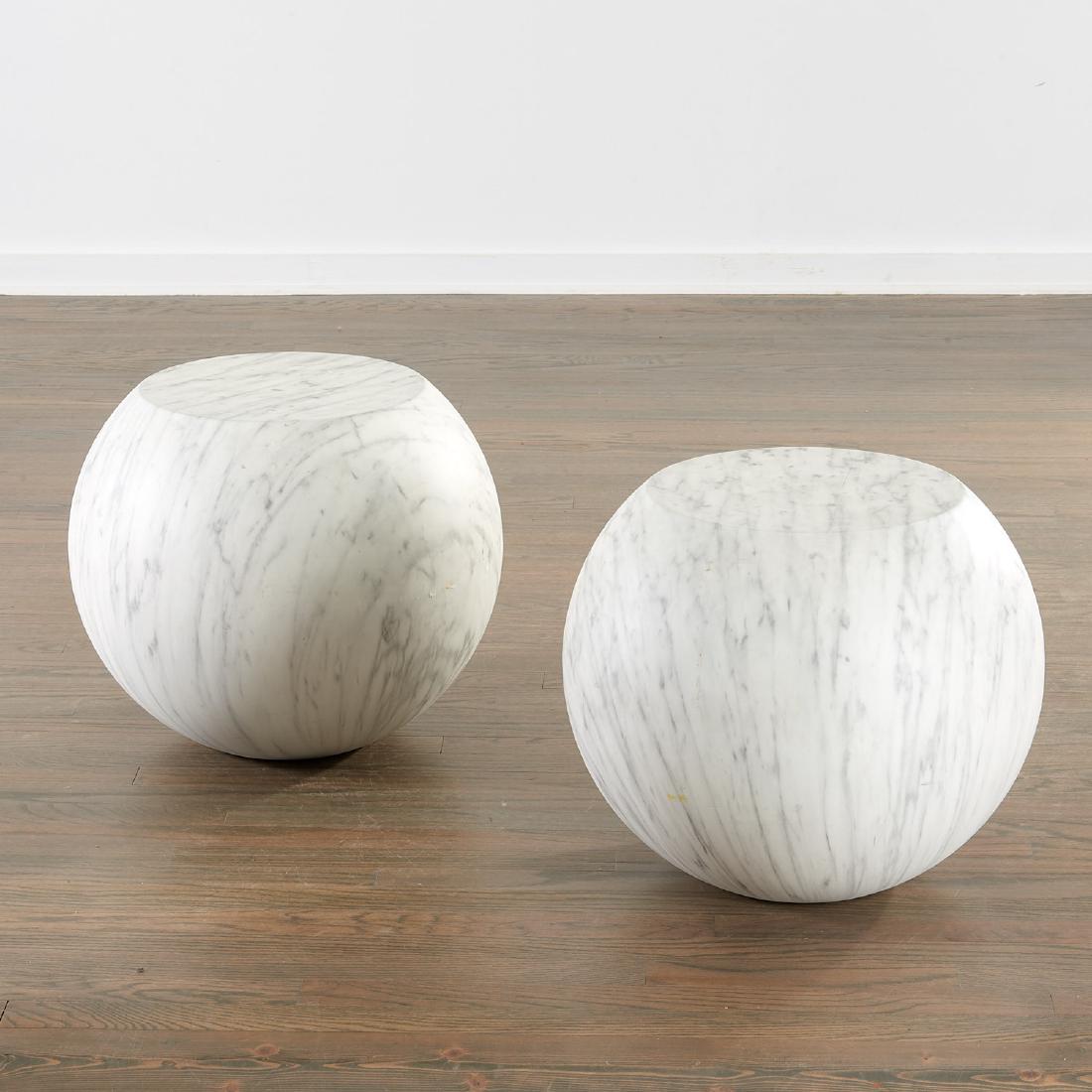 Pair Cappelini marbleized 'Bong' tables: Pair Cappelini marbleized 'Bong' tables, c. 2004, Italy, round fiberglass tables with white faux-marble finish, designed by Guilio Cappellini, 15.75"h x 19"dia Provenance: From a private NYC collectio
