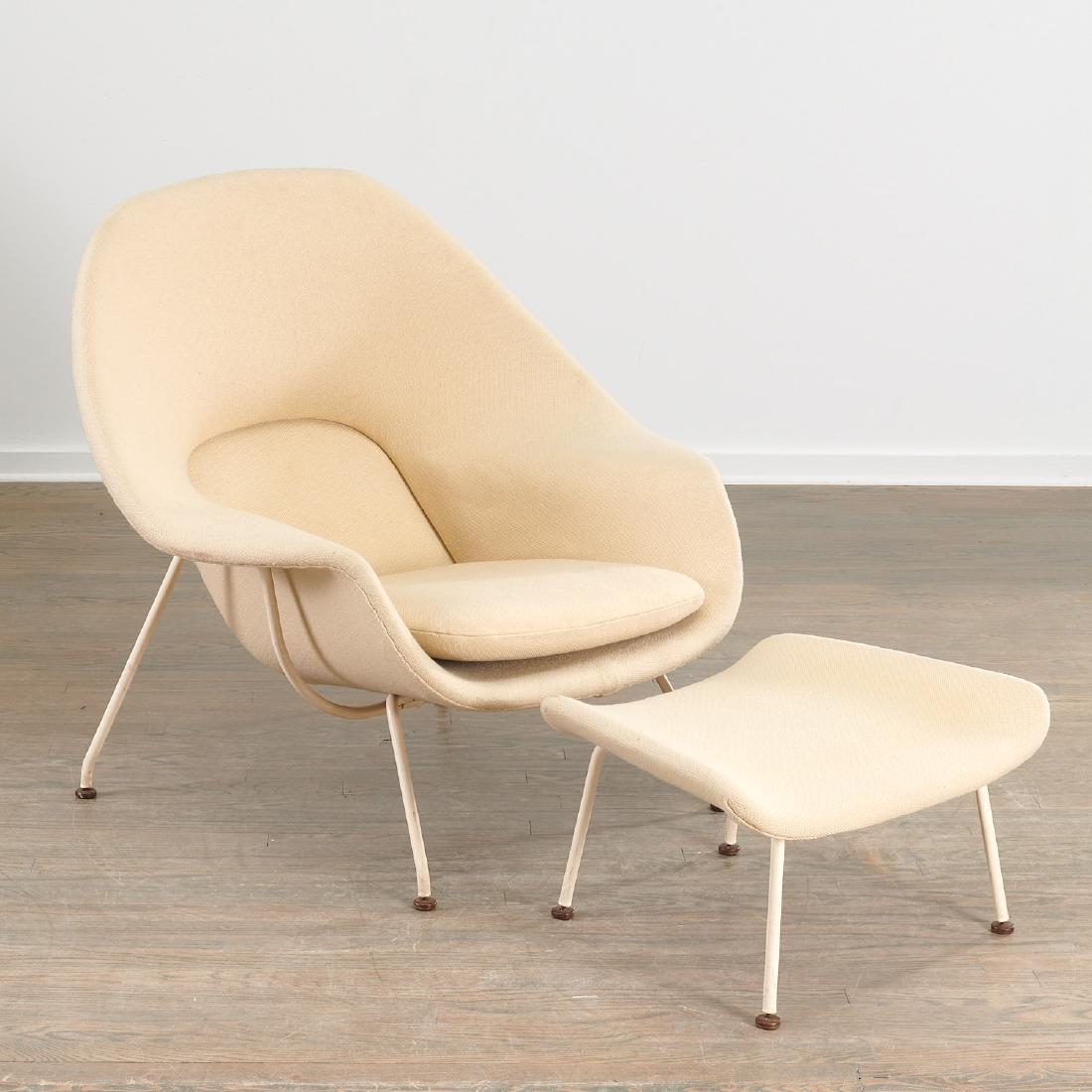Vintage Eero Saarinen Womb chair and ottoman: Vintage Eero Saarinen Womb chair and ottoman, c. 1970s edition, white powder-coated steel, white wool upholstery, foam, 36"h x 40"w x 36"d (chair), 17"h x 25"w x 21"d (ottoman) Provenance: Property fr