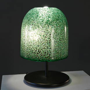 Luciano Vistosi "Neverrino" table lamp: Luciano Vistosi "Neverrino" table lamp, c. 1970s, Italy, hand blown green glass shade, enameled metal, diamond etch signed "Vistosi" along rim, 20"h x 12"dia.