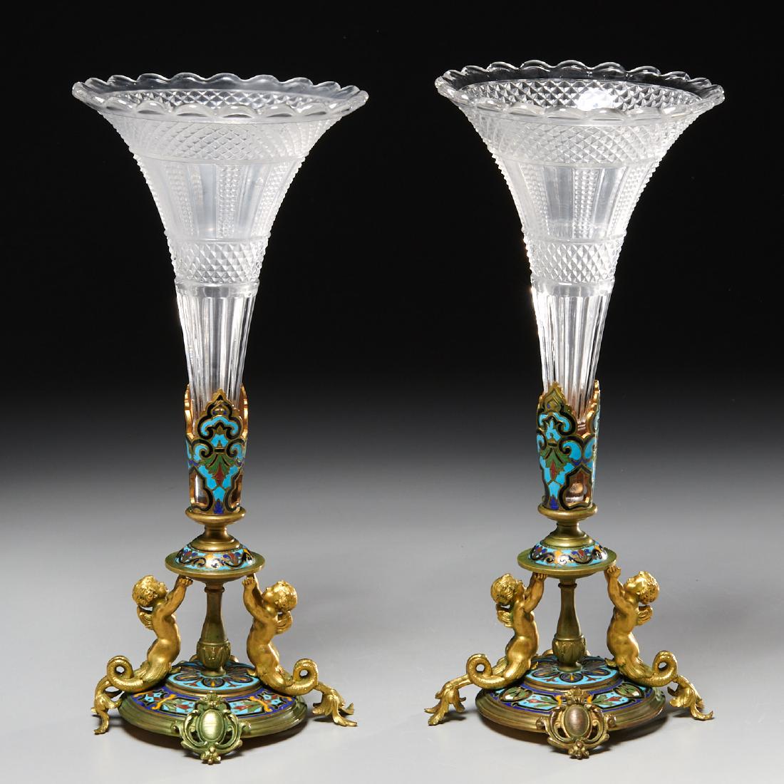 Pair Napoleon III champleve enamel and glass vases (1 of 10)