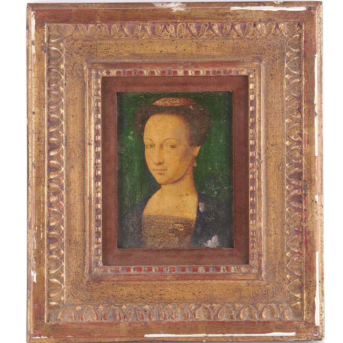 Manner of Agnolo Bronzino, portrait painting: Manner of Agnolo Bronzino, portrait painting, Manner of Agnolo Bronzino (Italian, 1503-1572), Portrait of a Noble Woman, oil on wood panel, no signature observed, 6.25"h x 5"w (panel), 13.25"h x 11.25