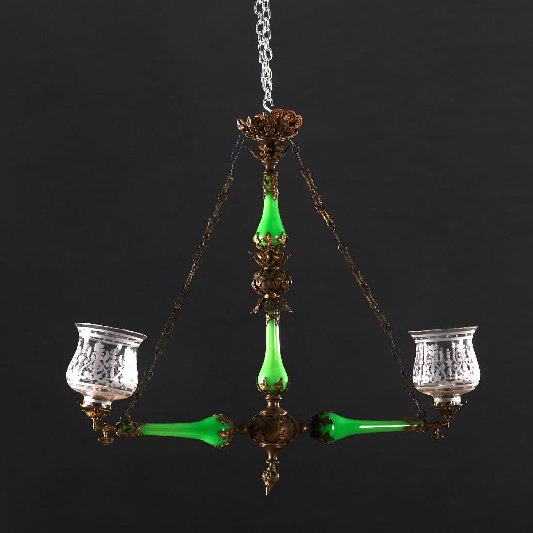 Louis Philippe green opaline glass chandelier: Louis Philippe green opaline glass chandelier, 19th c., France, sourced by Maison Jansen, cast bronze fittings, unsigned, 36"h x 36"l x 5"w Provenance: Contents from a Maison Jansen private residentia