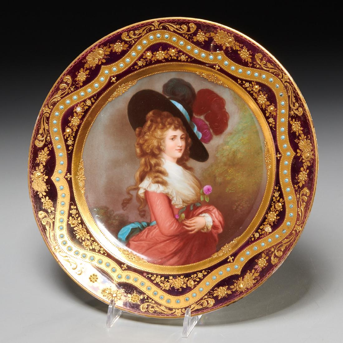 Royal Vienna style jeweled cabinet plate: Royal Vienna style jeweled cabinet plate, 19th/20th c., paint decorated porcelain with raised gold and turquoise beading, signed "Wagner" along portrait edge, blue underglaze beehive mark and titled "