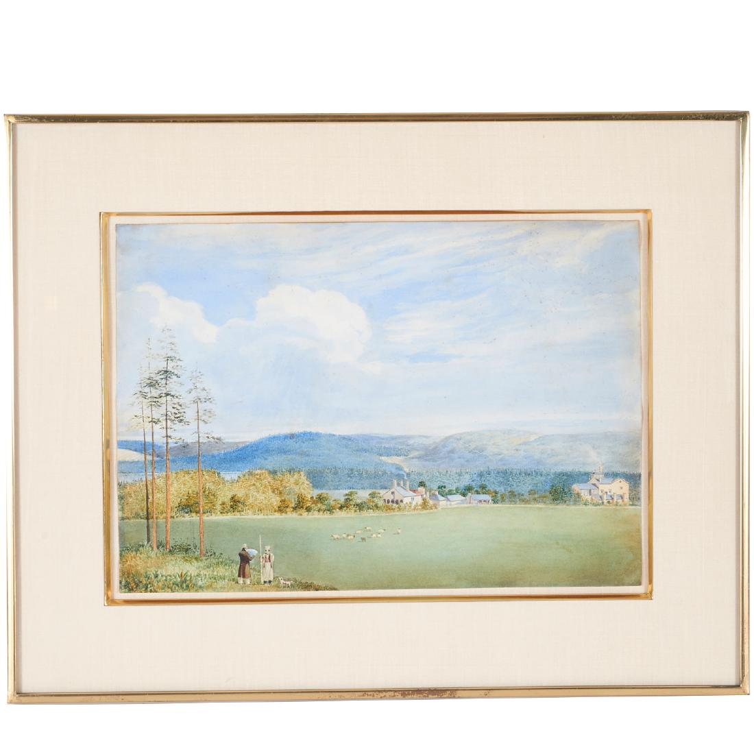 Circle of John Rubens Smith, painting: Circle of John Rubens Smith, painting, Circle of John Rubens Smith (British/American, 1775-1849), Pastoral view with figures, watercolor on paper, unsigned, watermark "J. Whatman 1836", 11"h x 16"w (s