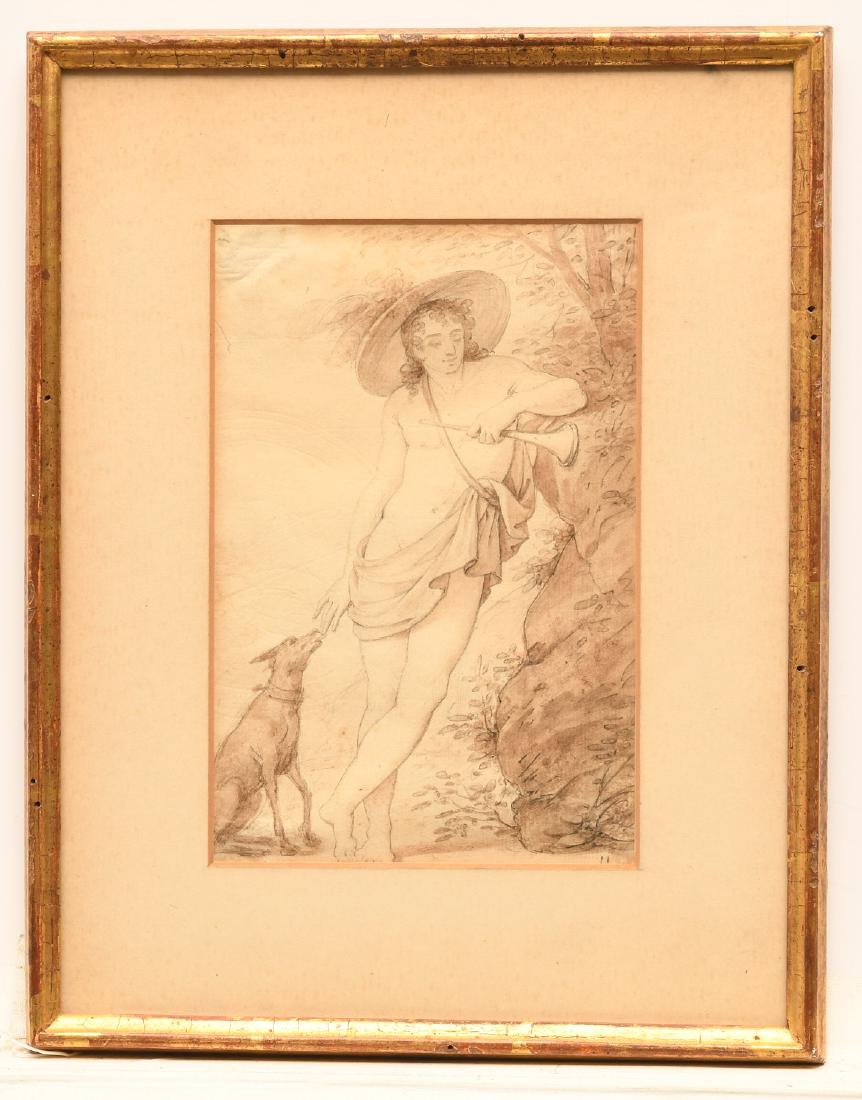 Continental School, academic figural study: Continental School, academic figural study, Continental School (19th c.), Semi nude male with dog, watercolor and pencil on paper, no visible signature, 7.5"h x 5"w (sight), 11.75"h x 9.25"w (framed)