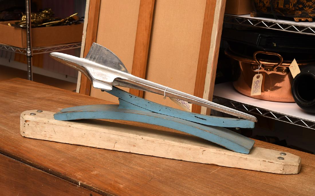 1953 Packard chrome car hood ornament: 1953 Packard chrome car hood ornament, Mounted on hardwood stand, 22.5"l x 9"w (ornament), 29.5"l x 9"w (total)