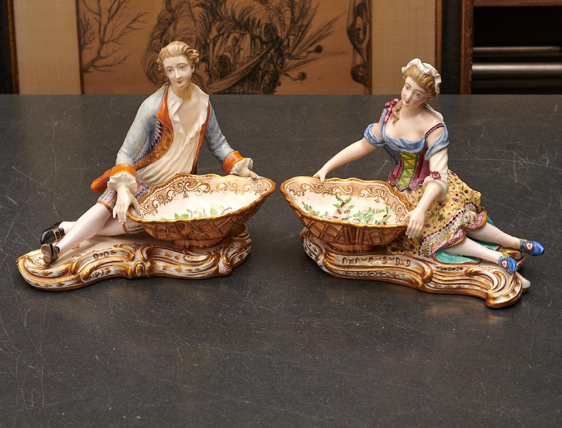 Pair Meissen style figural sweetmeat dishes (1 of 10)