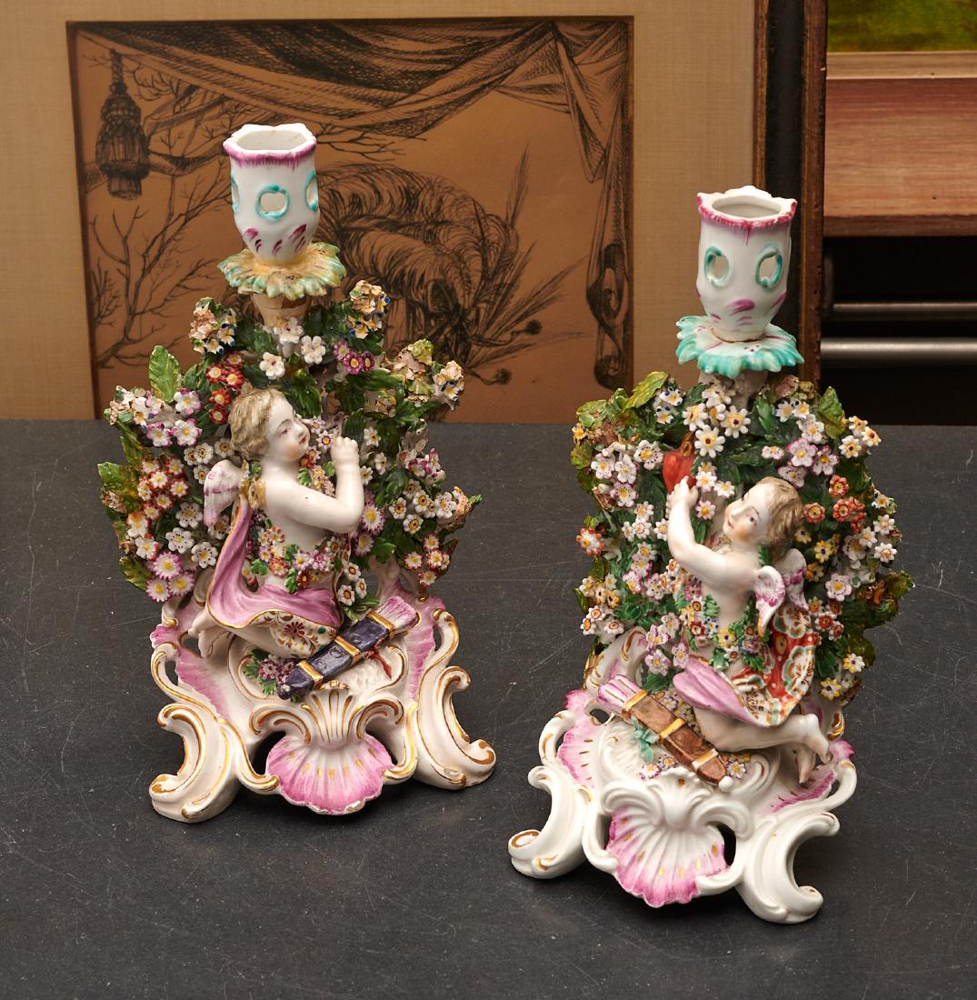 Pair antique Chelsea porcelain bocage candlesticks (1 of 10)