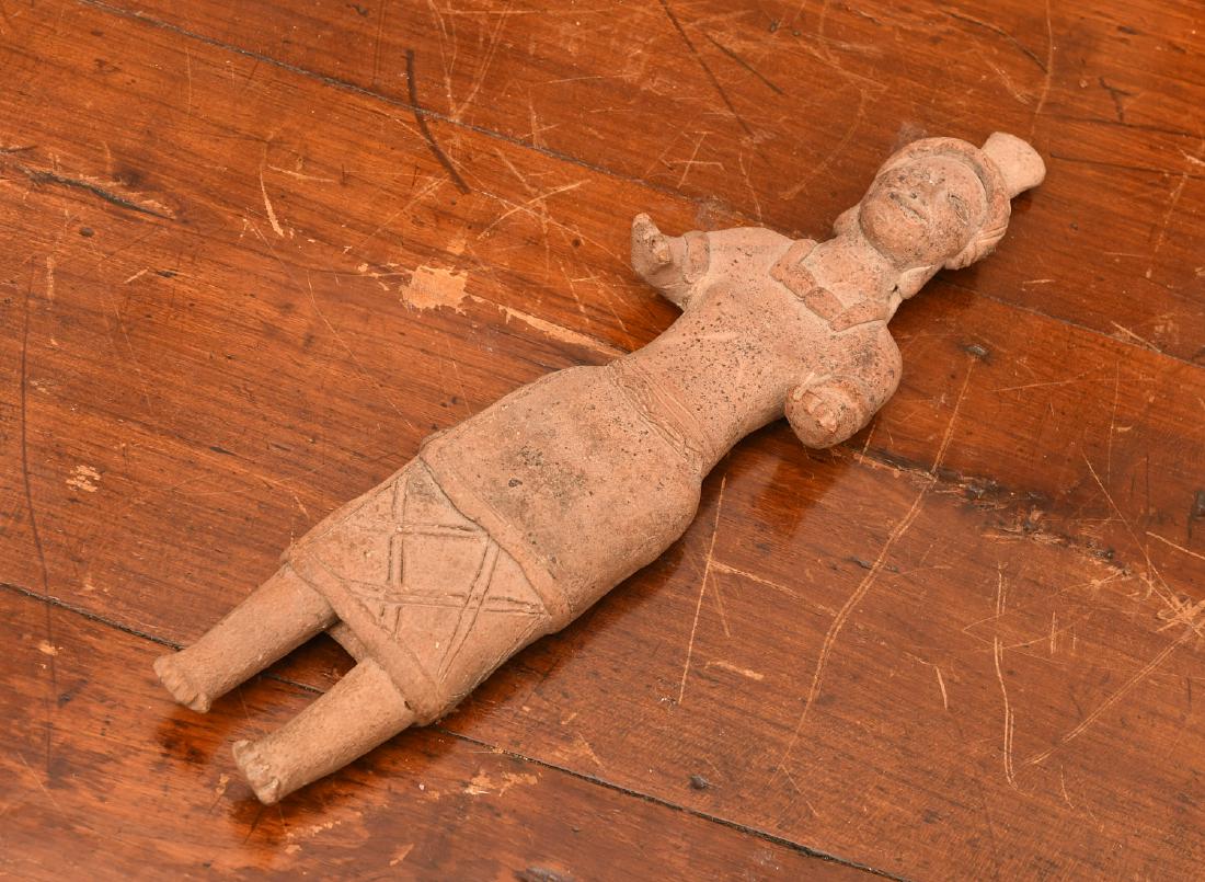 Colima terracotta flat female figure: Colima terracotta flat female figure, Pre-Columbian, Western Mexico, incised and applied details incl. headdress, jewelry, and apron, 10.5"h x 3"w x 1"d