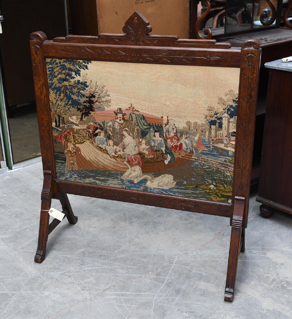 Eastlake walnut fire screen with needlepoint panel (1 of 5)