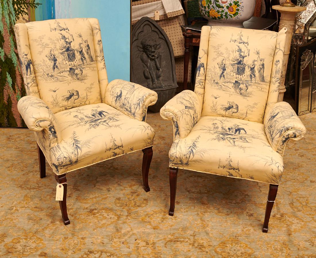 Pair Chinoiserie toile upholstered armchairs: Pair Chinoiserie toile upholstered armchairs, 20th c., scrolled arms and slight cabriole legs, 39"h x 30"w x 23"d