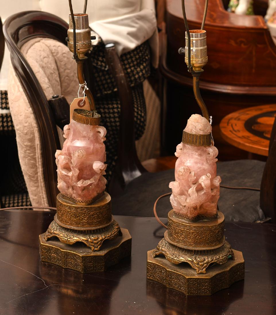 Pair Chinese carved rose quartz table lamps (1 of 8)