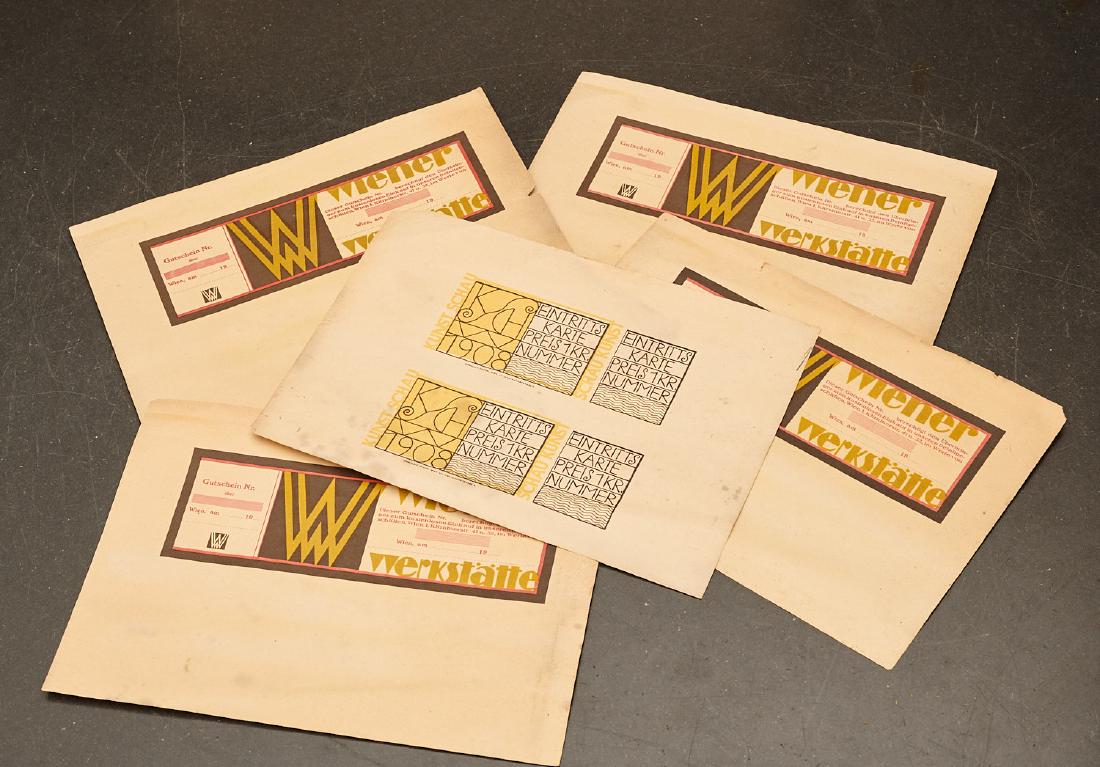 Wiener Werkstatte, (5) vouchers and tickets: Wiener Werkstatte, (5) vouchers and tickets, c. 1920 ,incl. (4) color printed vouchers, (Translated: "This voucher entitles the bearer to a free purchase to the value of..." and a sheet of (2) tickets