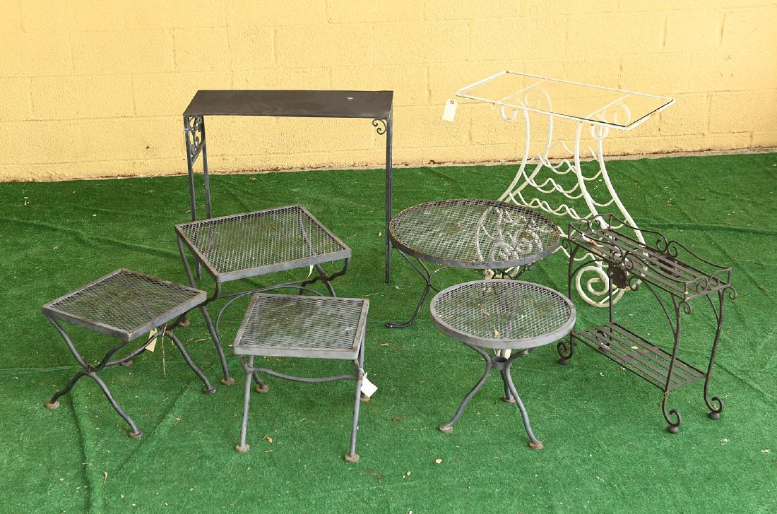 Assorted patio furniture group: Assorted patio furniture group, 20th c., incl. white painted wrought iron wine rack glass top console table, (3) rectangular black painted wrought iron side tables, and (2) round black painted wrought