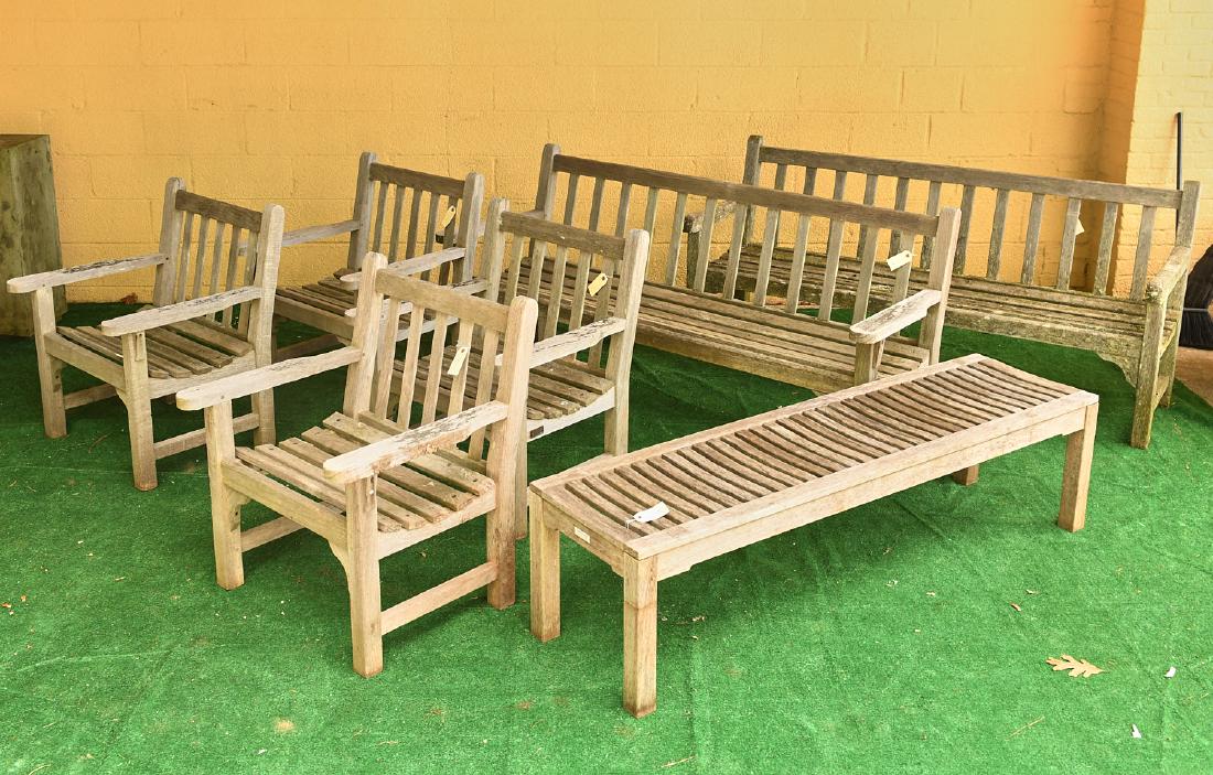 Nice assembled teak patio suite: Nice assembled teak patio suite, 20th/21st c., incl. (4) Smith & Hawken arm chairs, (2) bench/settees (one with Smith & Hawken metal placard, the other appears to match chairs but lacks metal placard)