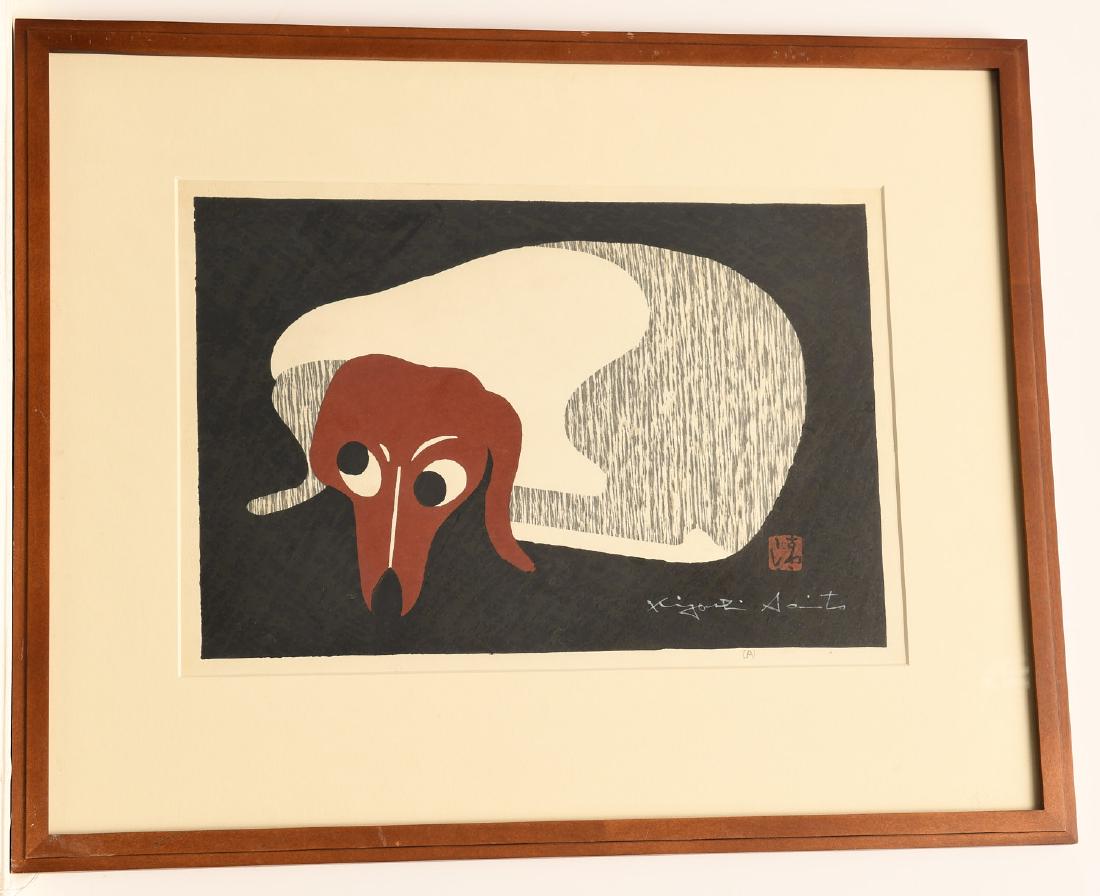 Kiyoshi Saito, Dachshund woodblock print: Kiyoshi Saito, Dachshund woodblock print, Kiyoshi Saito (Japanese, 1907-1997), Dachshund, woodblock print, signed in plate, artist's proof pencil marked (A), gallery label verso, 11"h X 15.75"w (sight