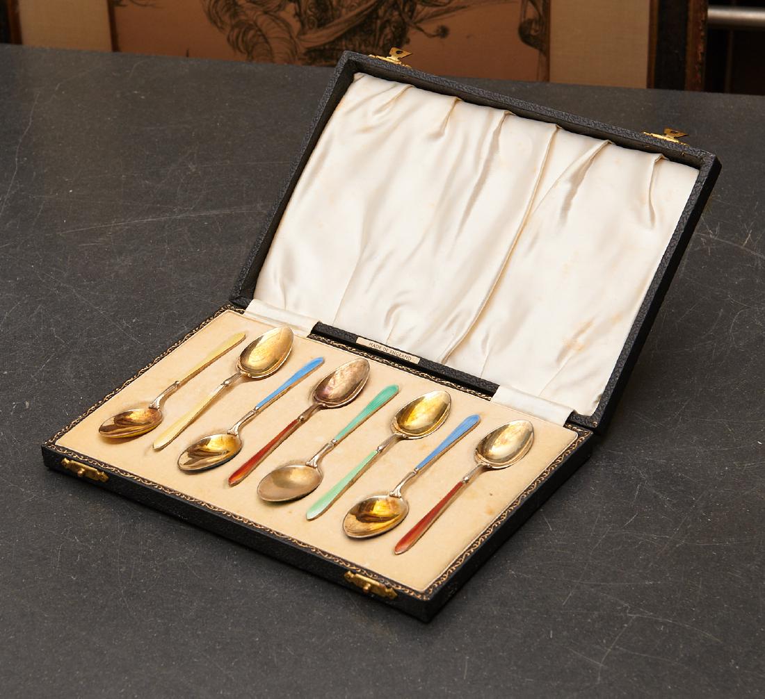 Set (8) English enameled sterling demitasse spoons (1 of 10)