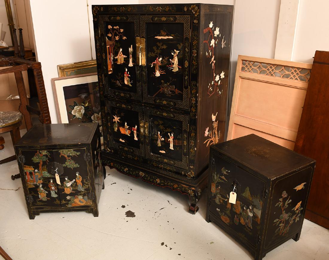 Chinese black lacquered cabinet and pair stands (1 of 9)