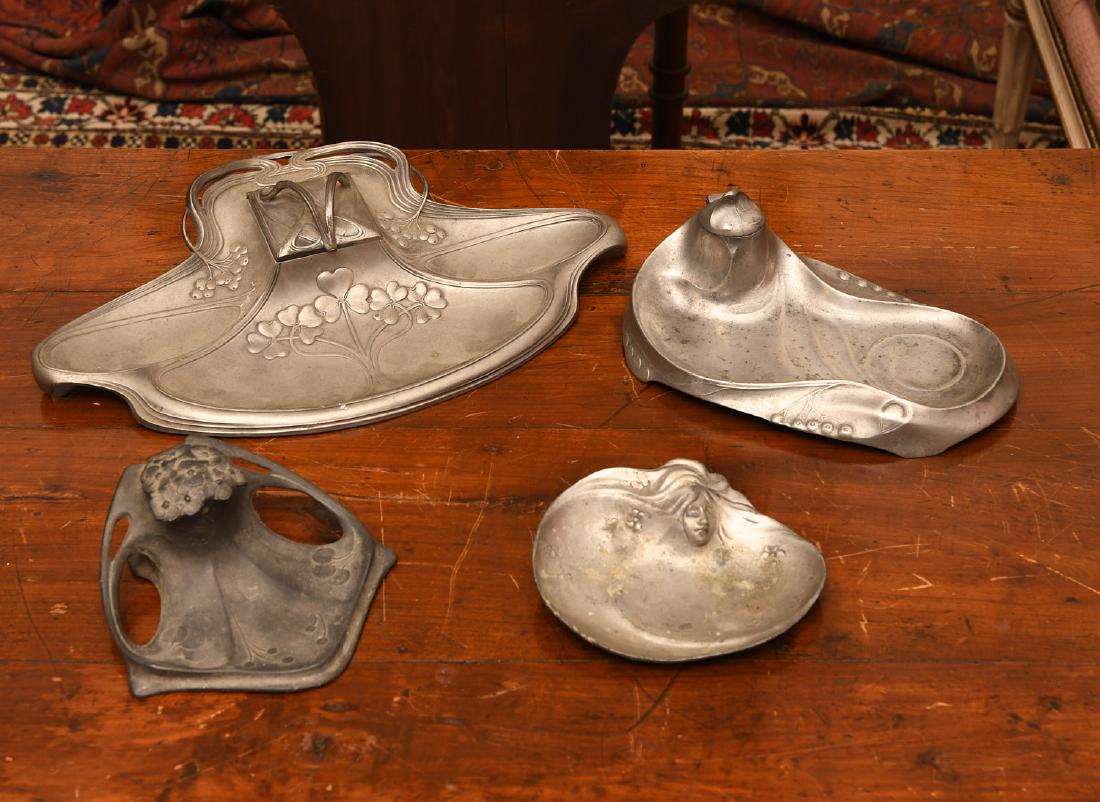 (3) Art Nouveau pewter inkwells and a pin tray (1 of 10)