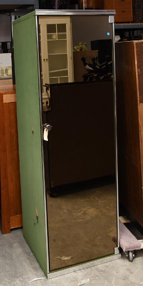 I4 Mariani for Pace mirrored wardrobe cabinet: I4 Mariani for Pace mirrored wardrobe cabinet, 20th c., designed by Guido Faleschini, green velour exterior with chromed metal piping and hardware, mirrored fronts, brown velour lined interior fitted 
