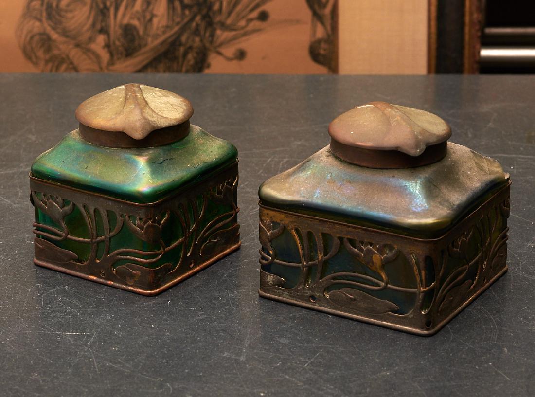 (2) Art Nouveau iridescent glass inkwells (1 of 9)
