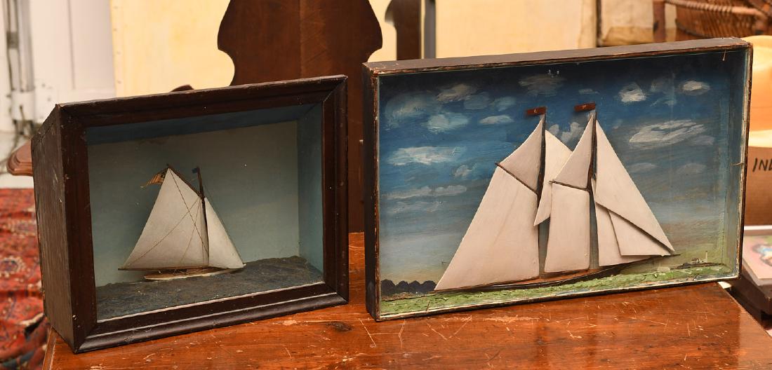 (2) antique ship models in shadowbox frames: (2) antique ship models in shadowbox frames, 20th c., American sailboats, hand-crafted, smaller: 10.75"h x 13"w x 4.75"d, larger: 11.5"h x 18.25"w x 2"d