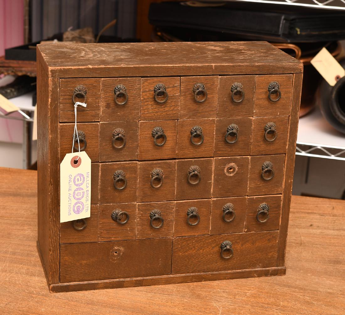 Japanese hardwood apothecary cabinet: Japanese hardwood apothecary cabinet, 20th c., 11"h x 12"w x 5"d