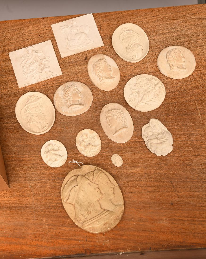 Group (14) Neo-Classical plaster intaglios: Group (14) Neo-Classical plaster intaglios, 20th c., likely Italian, smallest: .75"h, largest: 5.5"h