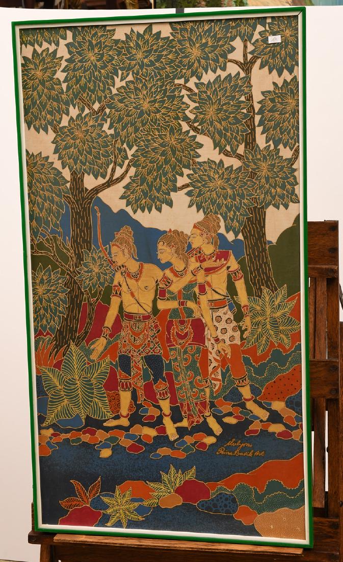 Indonesian School, Batik: Indonesian School, Batik, Indonesian School, 20th c., Figures in a Landscape, batik on cloth, signed in the print, "Slulyono?, Rena Batik Art", 34.5"h x 18.5"w (sight), 35.5"h x 19.5"w (framed)