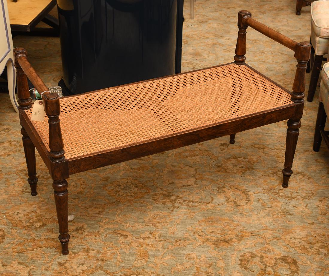 Antique English burlwood bench with caned seat (1 of 5)