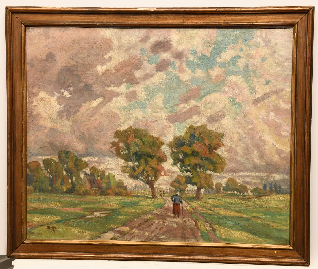 Carl Edvard Diriks, painting: Carl Edvard Diriks, painting, Carl Edvard Diriks (Norwegian, 1855-1930), "Paysage D'Ile De France", 1914, oil on canvas, signed and dated lower left, titled on verso, gallery label verso, 32"h x 39"w 