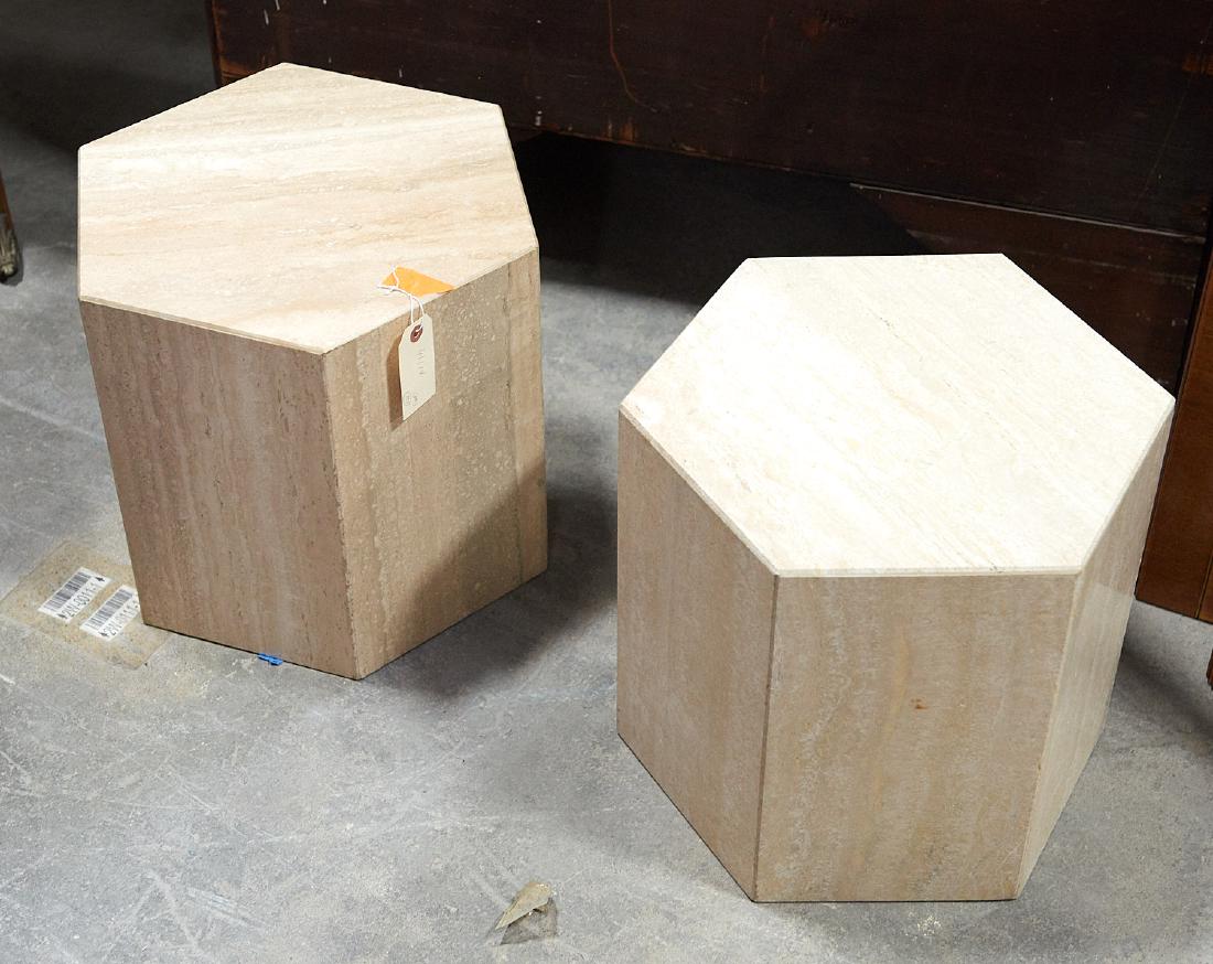 Pair hexagonal travertine marble tables (1 of 5)