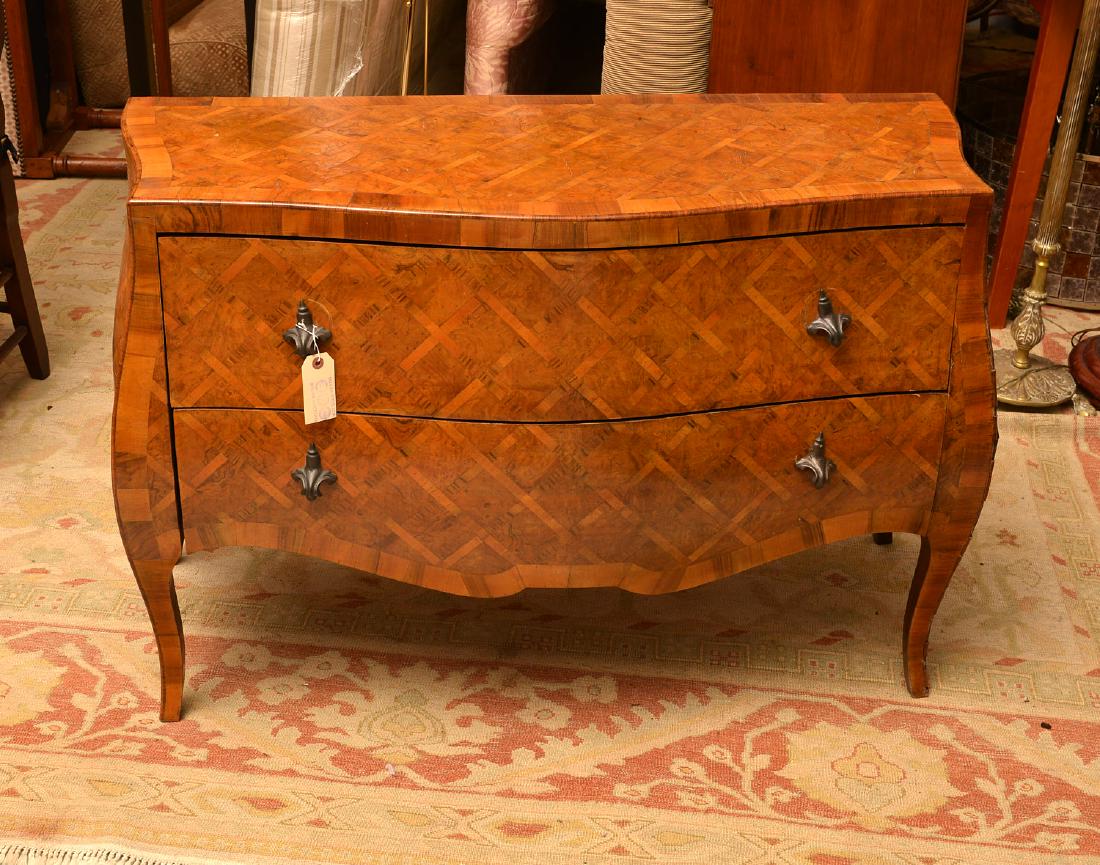 Italian parquetry inlaid bombe commode: Italian parquetry inlaid bombe commode, Likely 19th c., mixed burl wood, 29.75"h x 47.25"w x 16.75"d