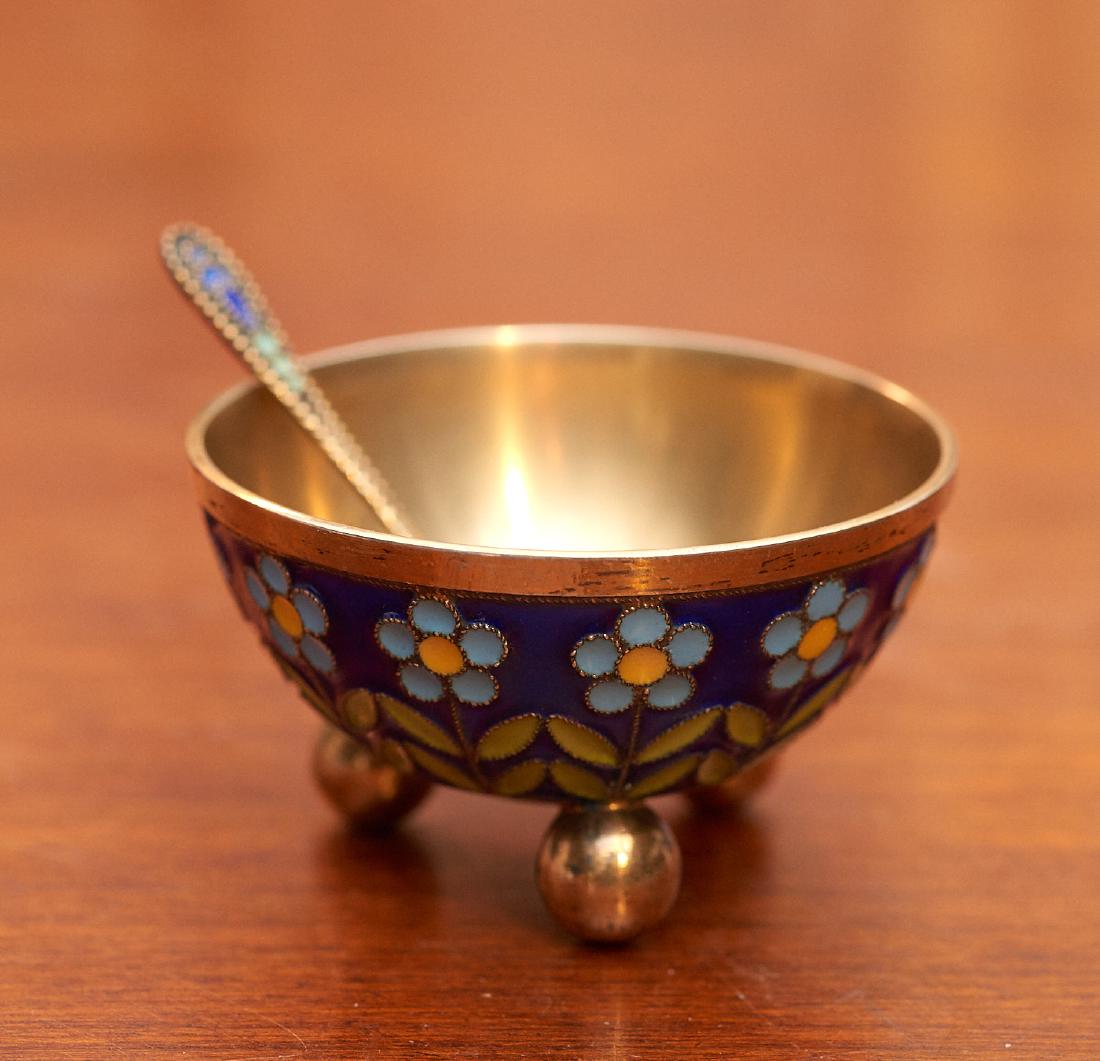 Russian .916 silver and enamel salt with spoon (1 of 8)