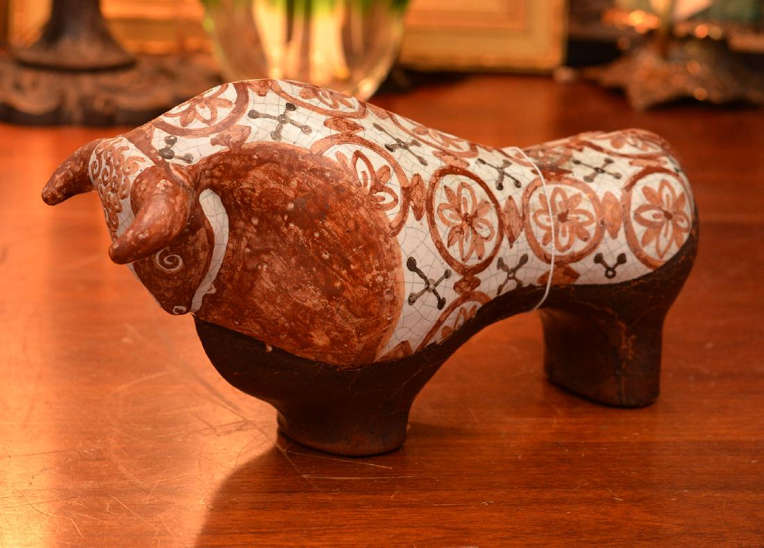 Raymor style leather clad majolica bull: Raymor style leather clad majolica bull, Mid 20th c., possibly Portuguese or Spanish, marked "CP", 5.75"h x 10.5"l x 4"d