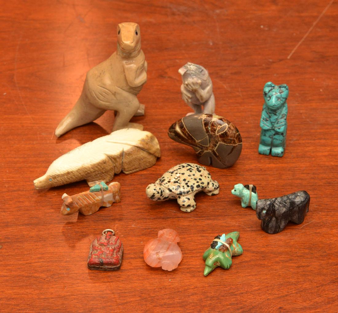 Zuni fetishes and other miniature animals: Zuni fetishes and other miniature animals, 20th c., (12) pieces incl. turquoise, bone, carnelian, various stone materials, etc., (2) signed Zuni examples and some other unsigned Zuni fetishes, etc., s