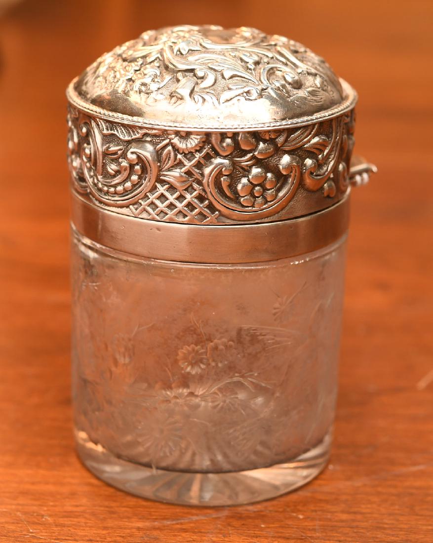English repousse silver lidded glass vanity jar (1 of 9)