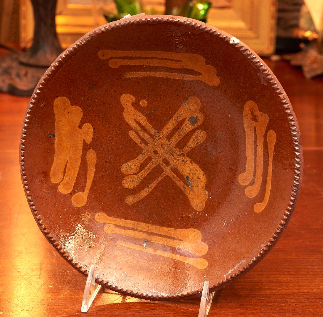 Slip decorated redware pottery shallow bowl (1 of 6)