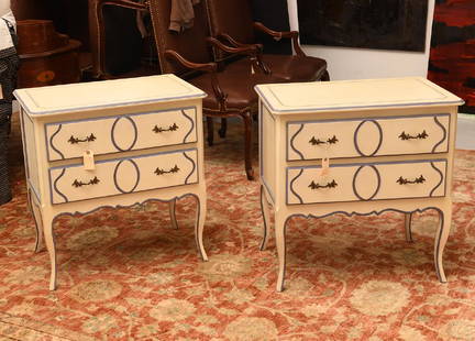 Pair Julia Gray painted Louis XV style commodes: Pair Julia Gray painted Louis XV style commodes, 21st c., sticker label to inside of drawer, Julia Gray Ltd., NYC, 30.25"h x 29.25"w x 18.25"d