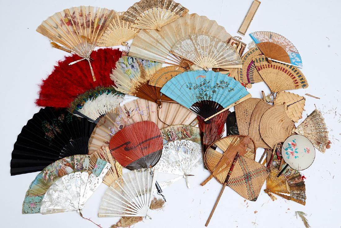 Collection Asian and European antique fans: Collection Asian and European antique fans, 19th/20th c., some modern, of various materials incl. silk, paper, satin, celluloid, feather, largest: 21"l, smallest: 1.75"l